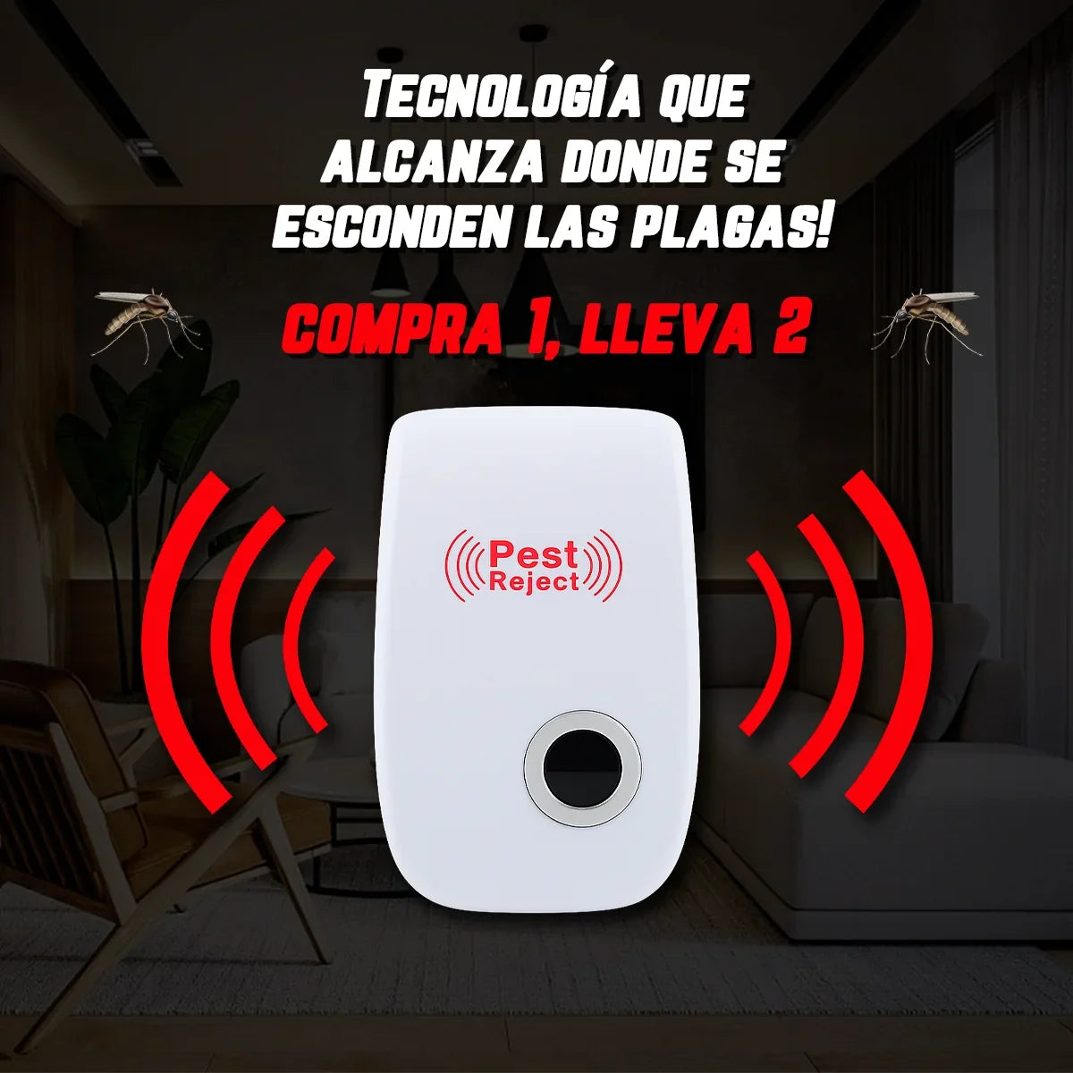 Repelente Ultrasónico Pest Reject 200m² – Seguro para Mascotas y Niños – COMPRA 1, LLEVA 2 [Sin Veneno, Silencioso]